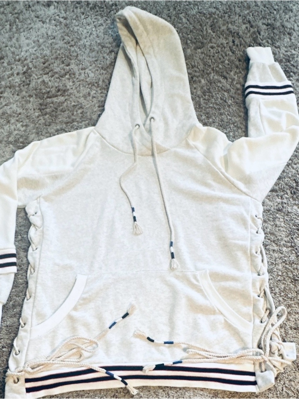 POL Cream Hooded Lace-Up Side Sweatshirt with Striped Hem